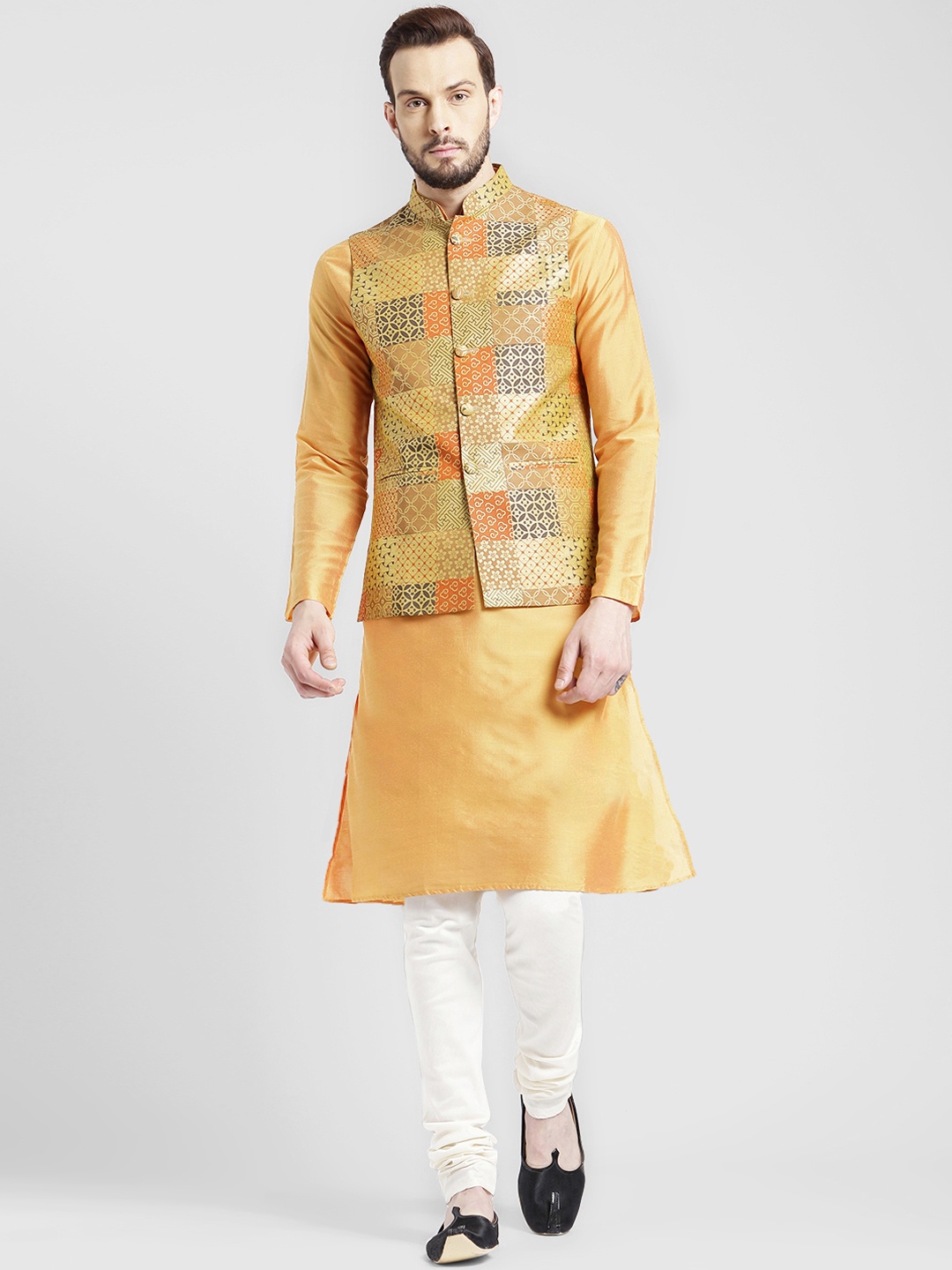 

KISAH Men Regular Fit Printed Kurta Jacket Churidar Set, Orange