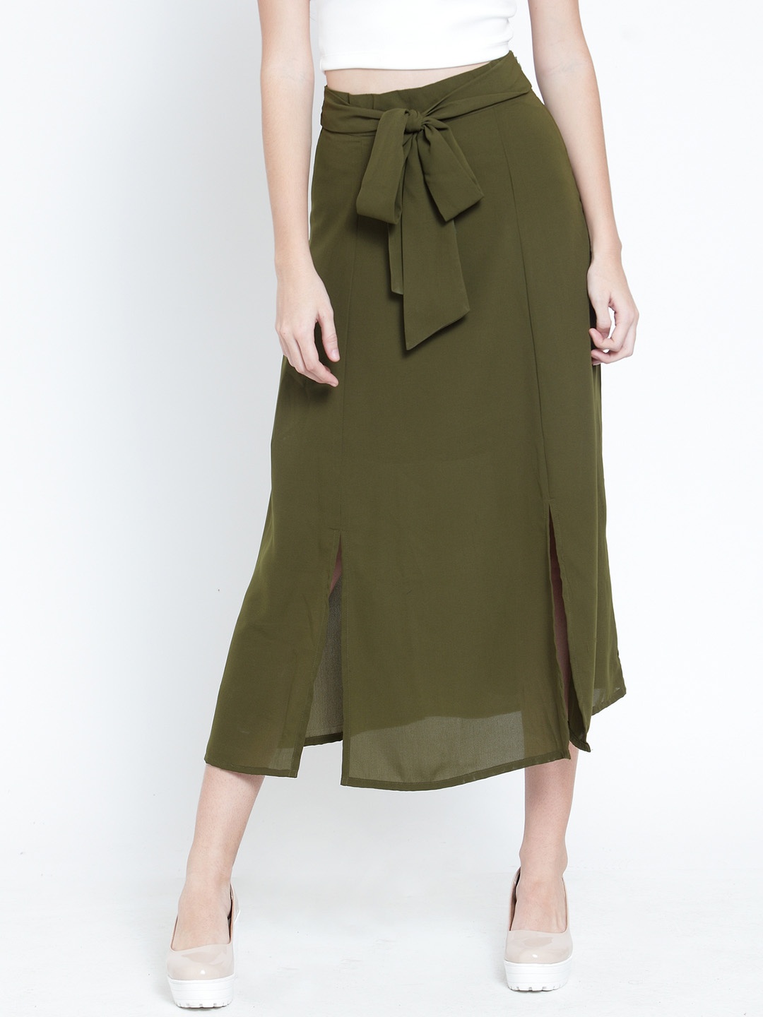 

MARTINI Women Olive Green Solid A-Line Midi Skirt