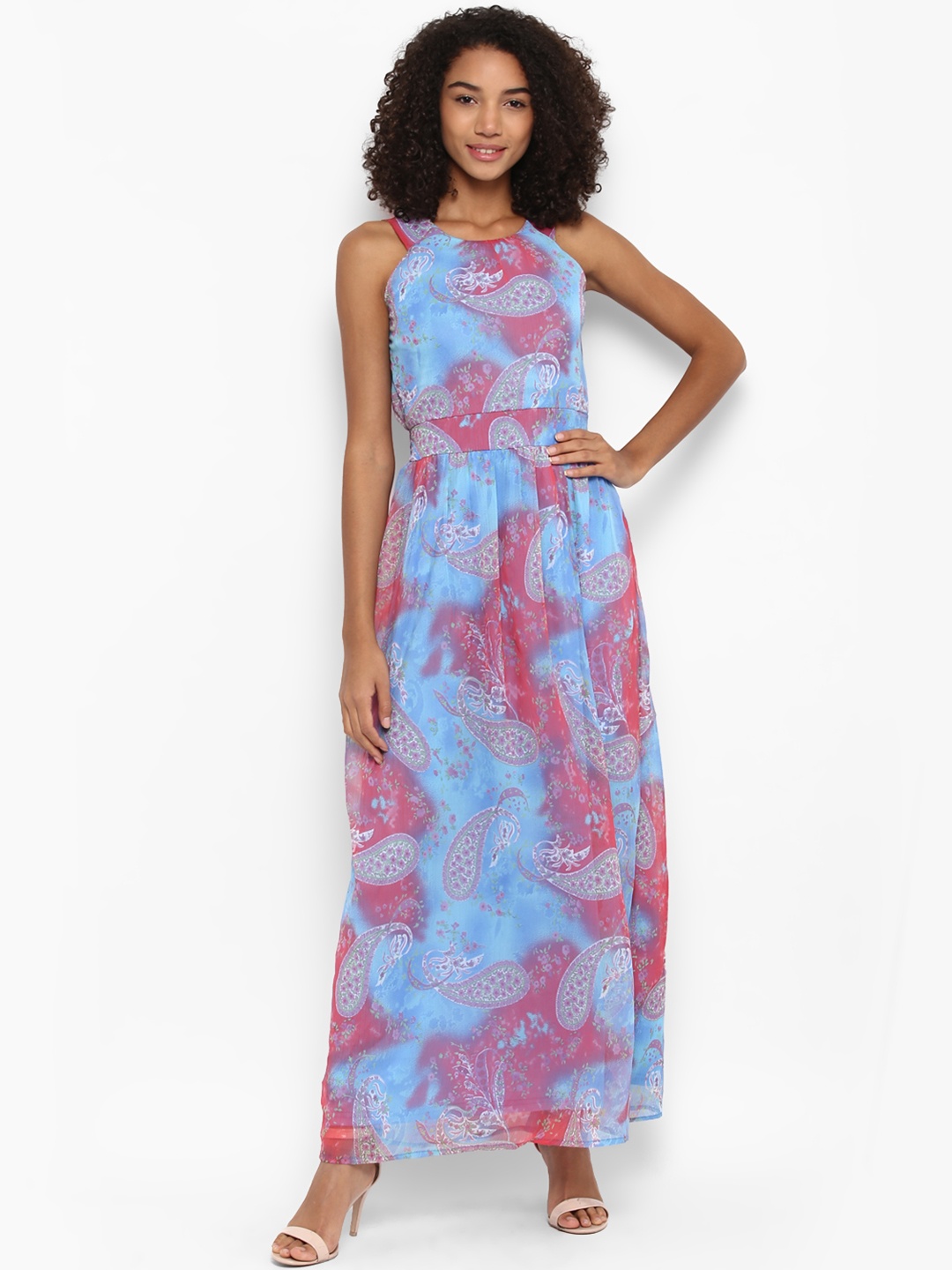 

Harpa Women Blue & Peached-Coloured Printed Maxi Dress