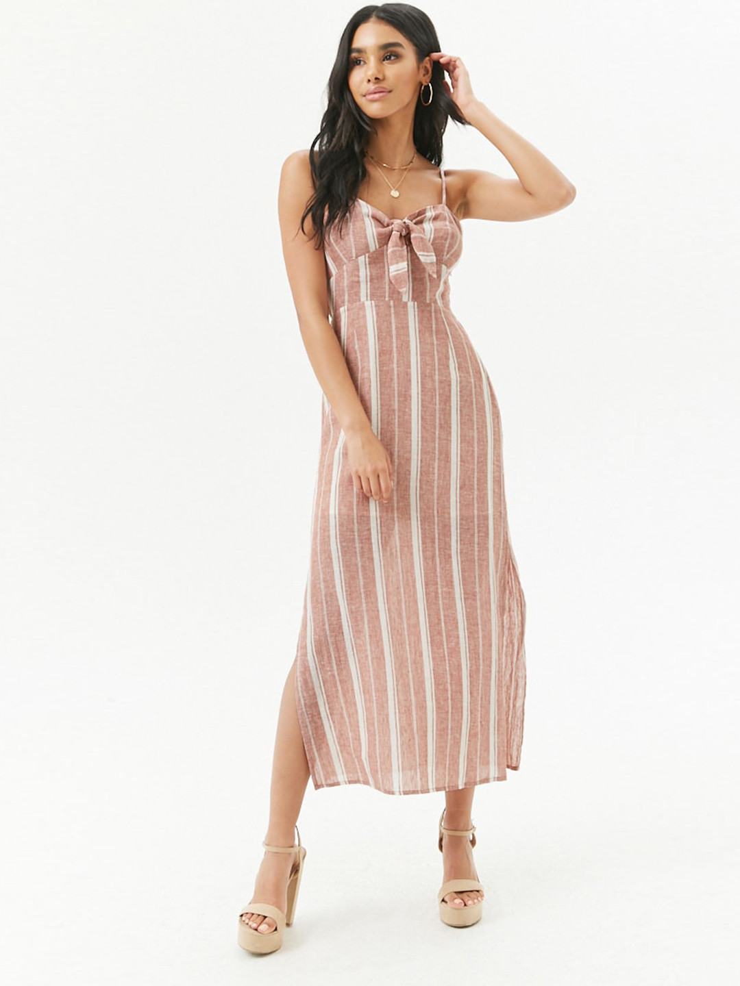 

FOREVER 21 Women Rust Brown & off-White Striped Semi-Sheer A-Line Dress