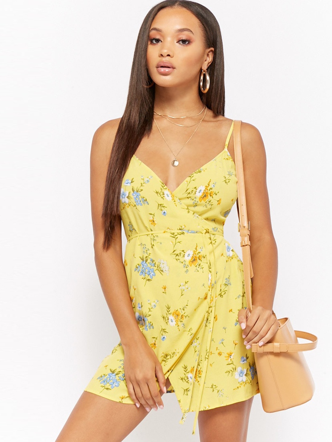 

FOREVER 21 Women Yellow Printed Wrap Dress