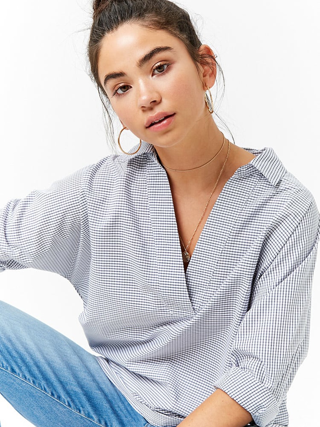 

FOREVER 21 Women White Checked Styled Back Top