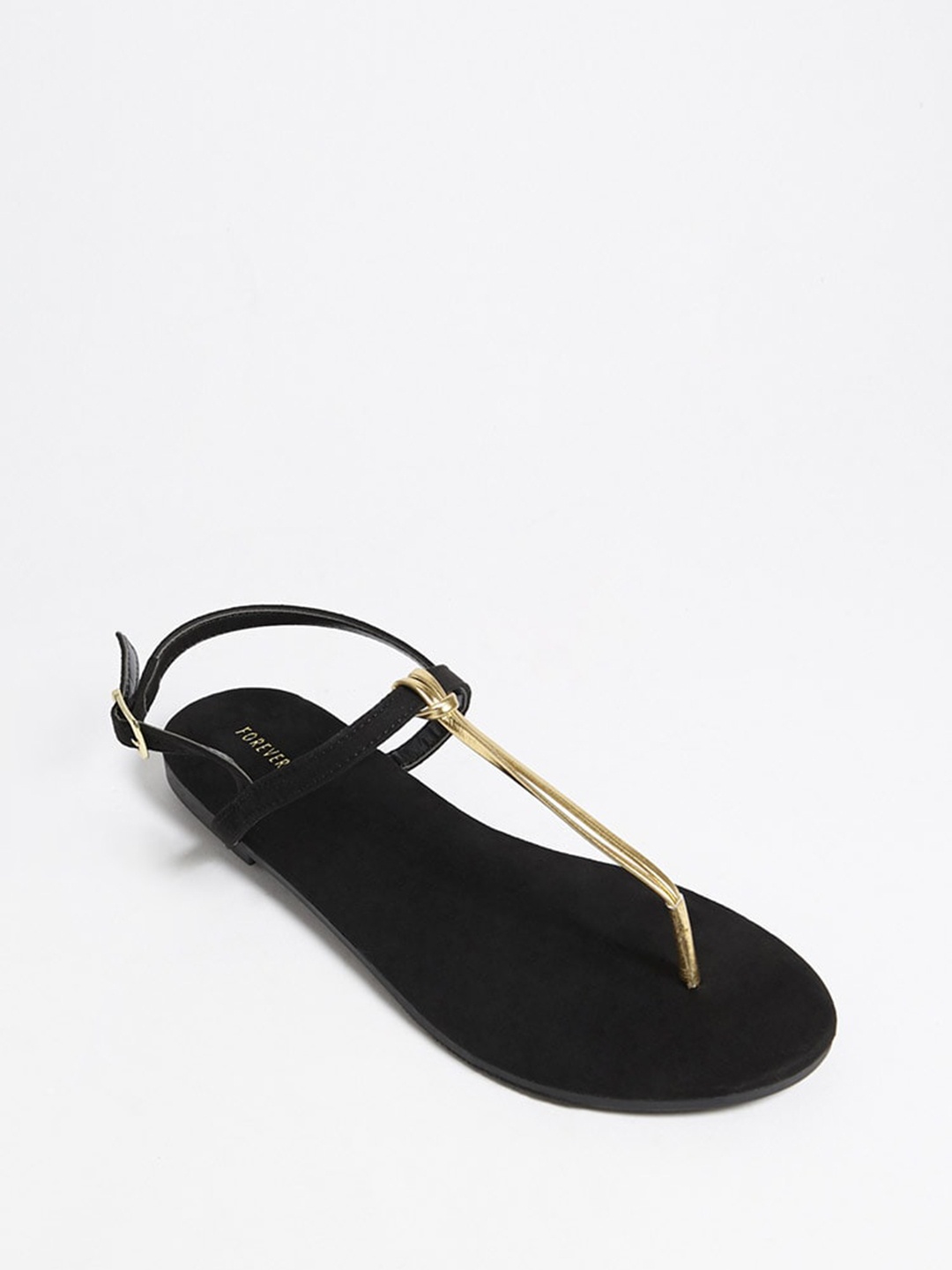 

FOREVER 21 Women Black & Gold-Toned Solid T-Strap Flats