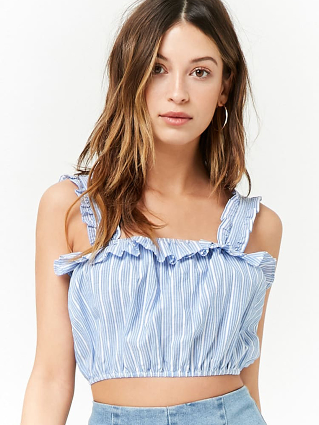 

FOREVER 21 Blue Striped Crop Pure Cotton Top