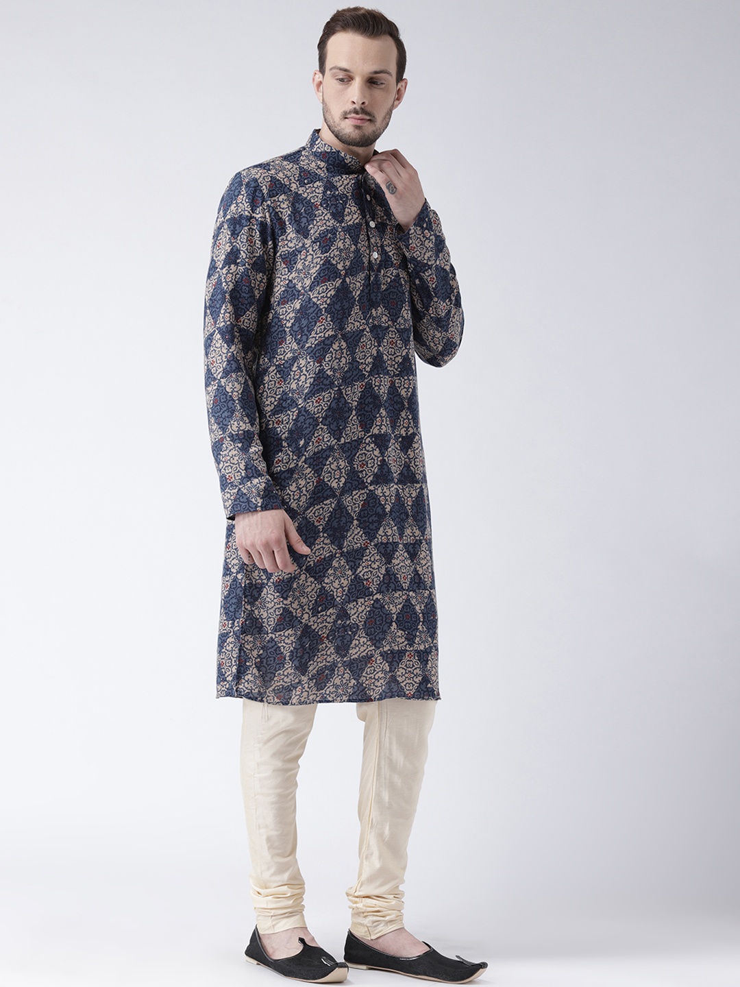 

KISAH Men Navy Blue & Beige Printed Straight Kurta