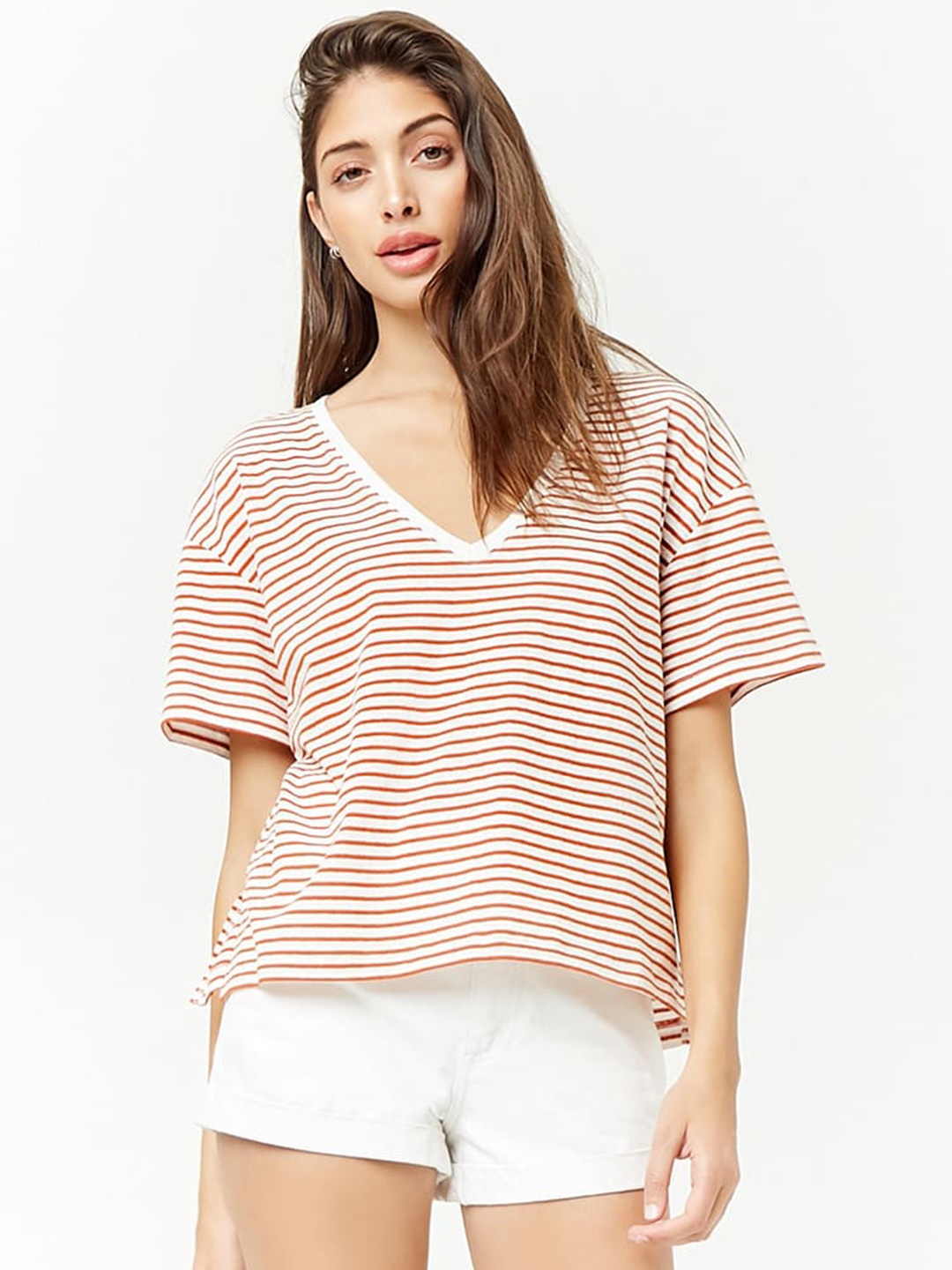 

FOREVER 21 Women White & Brown Striped Boxy Top