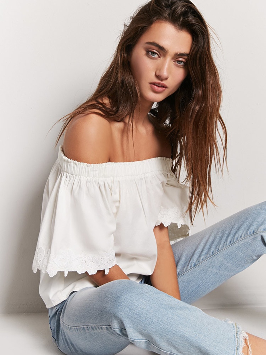 

FOREVER 21 Women Off-White Solid Bardot Pure Cotton Top