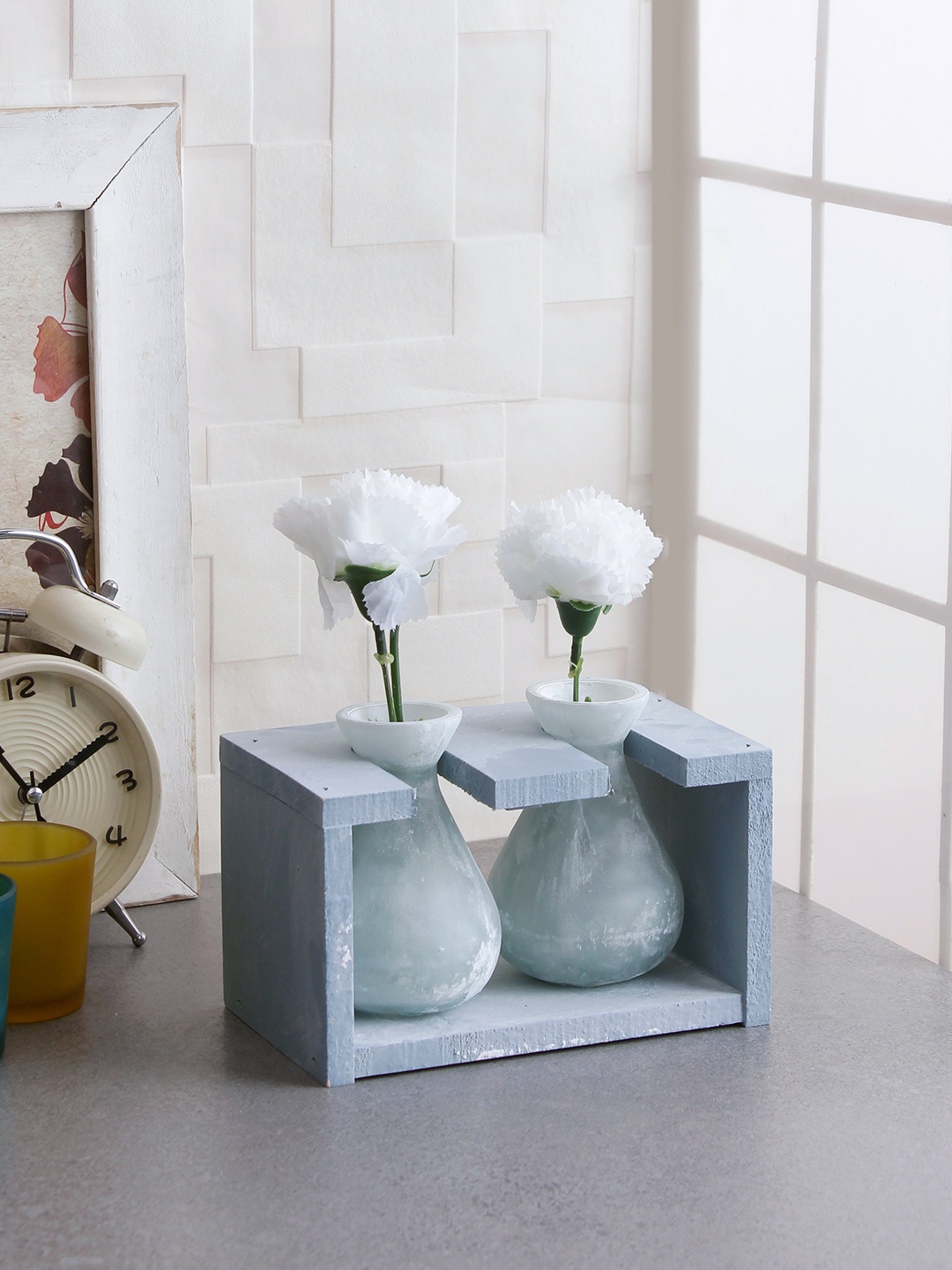 

Fourwalls Blue Ceramic Flower Vases With Wooden Frame