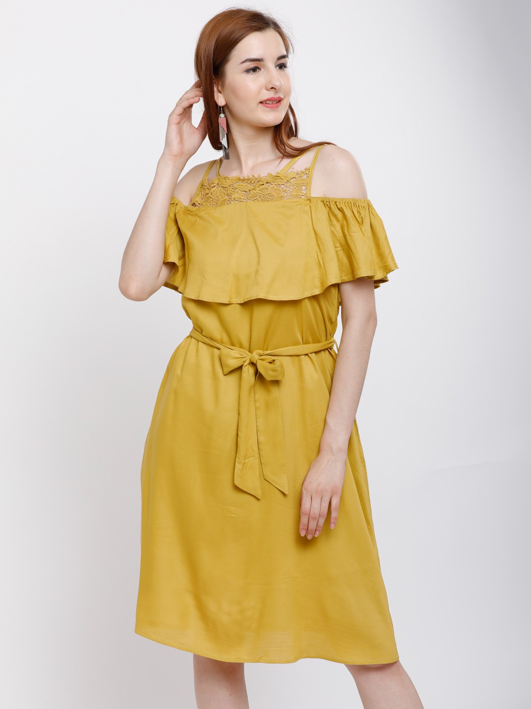 

Tokyo Talkies Women Mustard Self Design Fit and Flare Dress