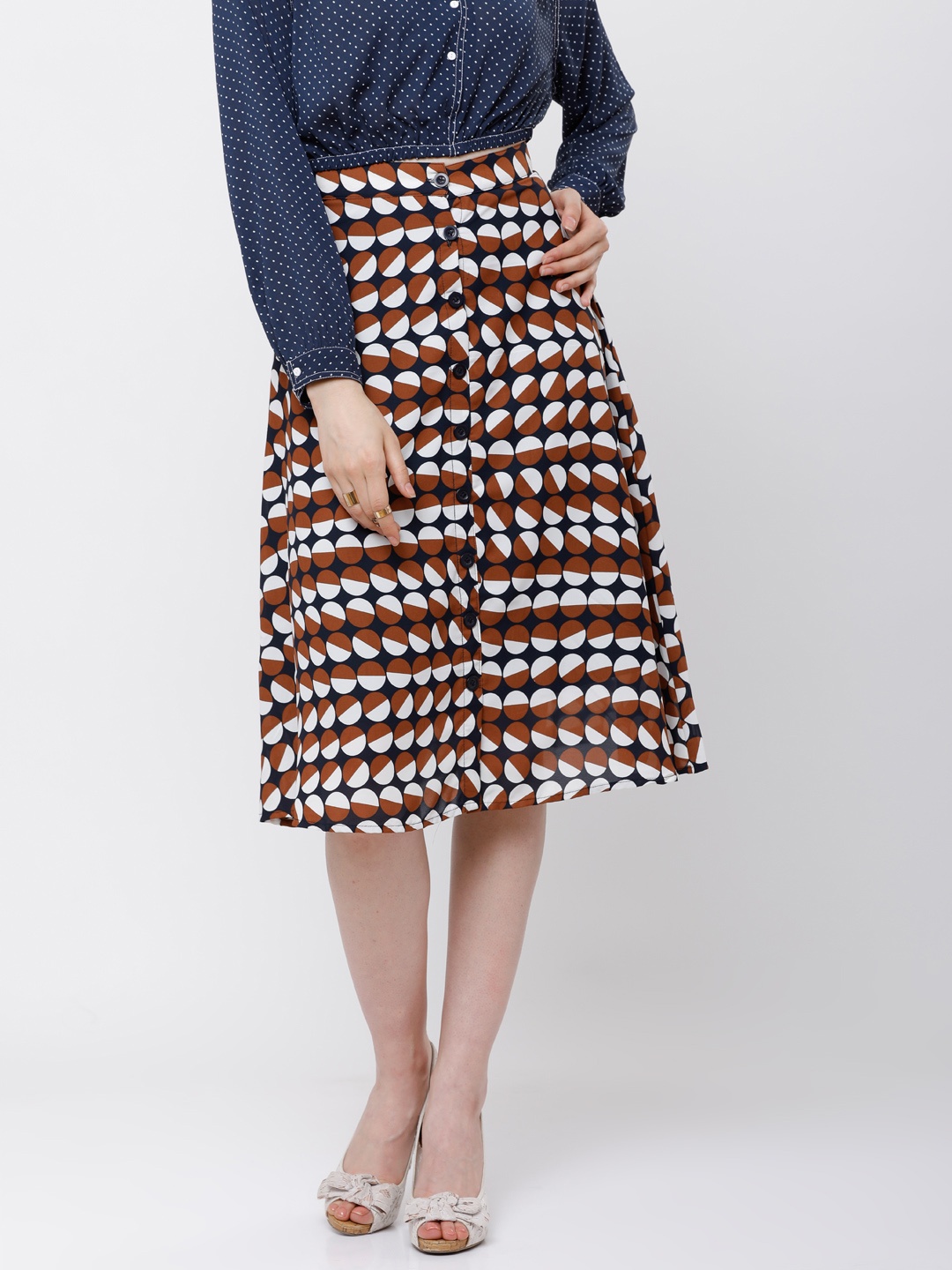 

Tokyo Talkies Women Navy Blue & Brown Printed A-Line Skirt