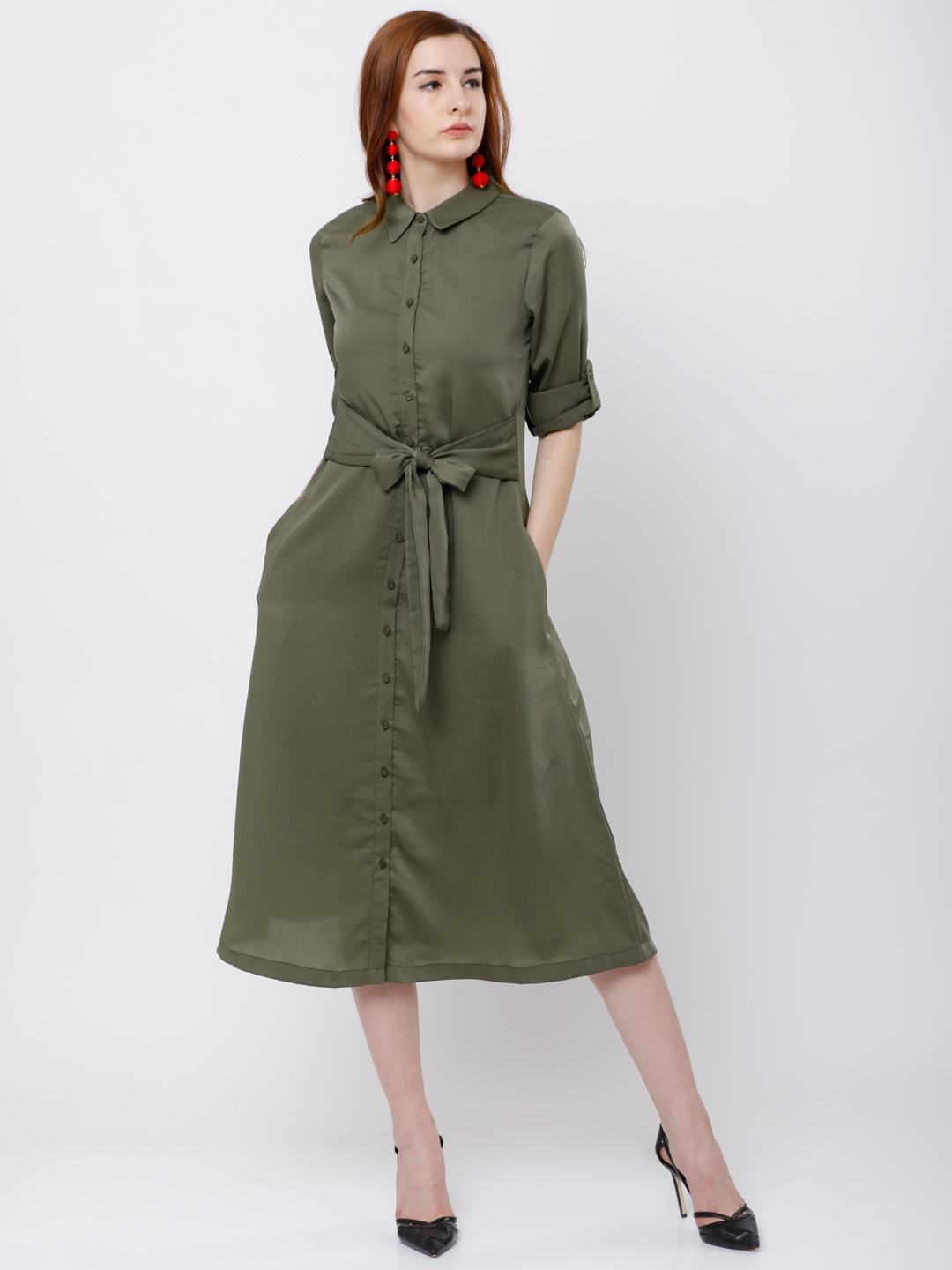 

Tokyo Talkies Women Olive Green Solid Shirt Dress