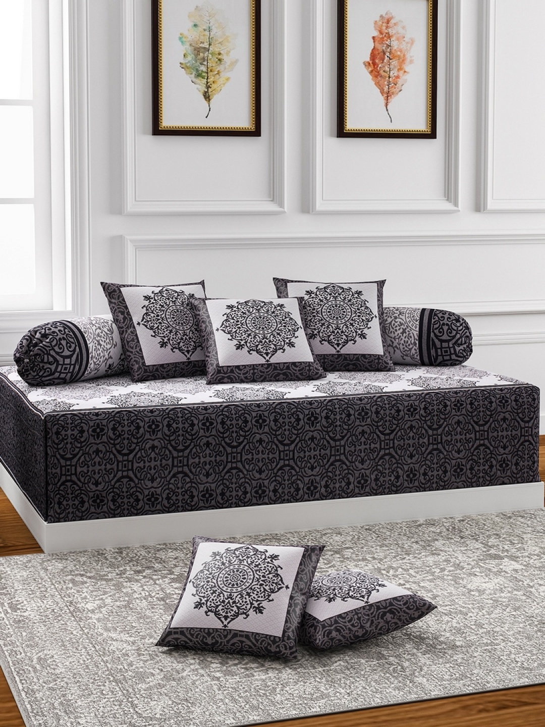 

ROMEE 8-Pcs White & Grey Printed Ethnic Motifs Diwan Set