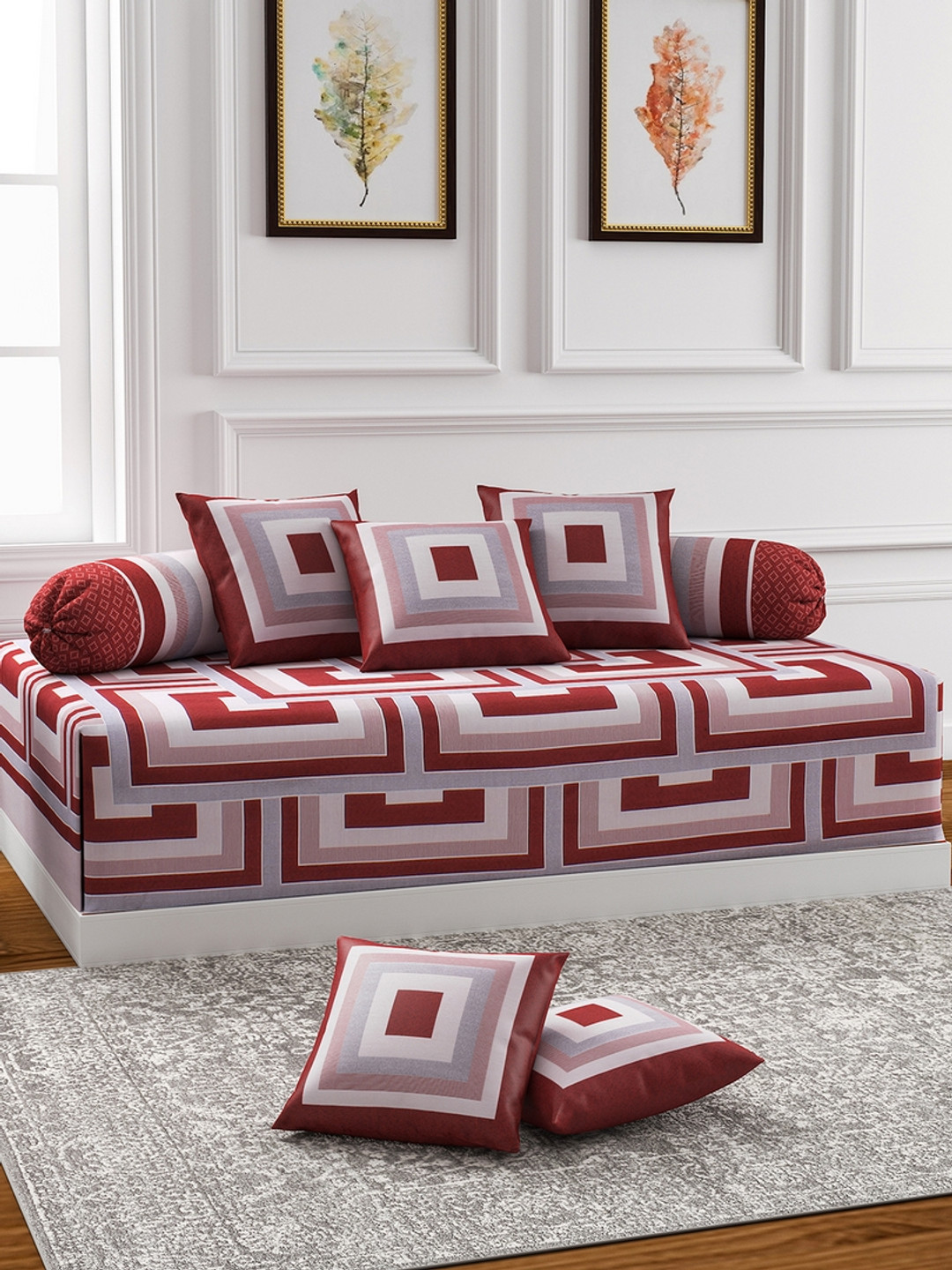 

ROMEE 8-Pcs Off-White & Rust Geometric Printed Diwan Set