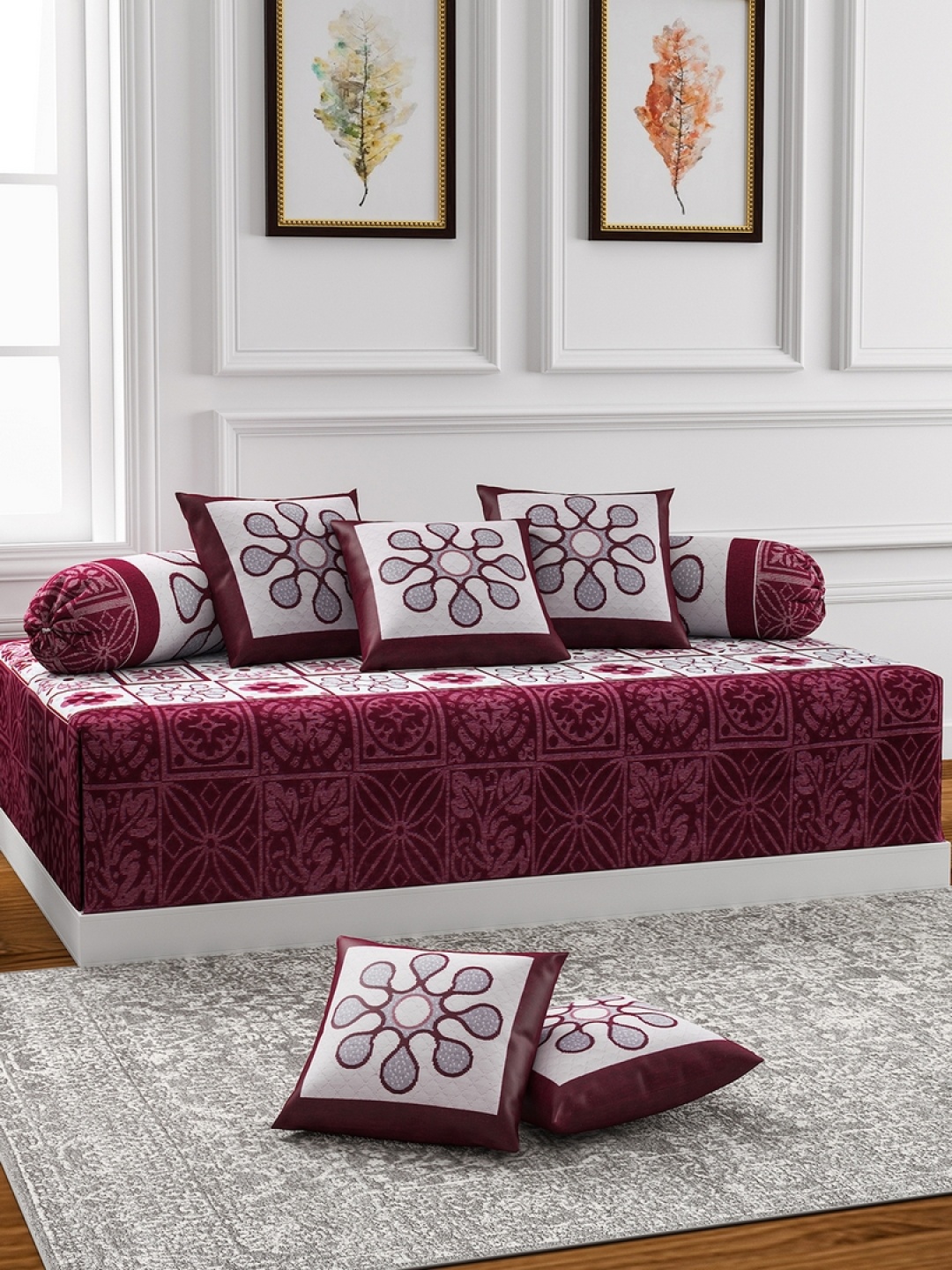 

ROMEE 8-Pcs Beige & Purple Ethnic Motif Printed Diwan Set