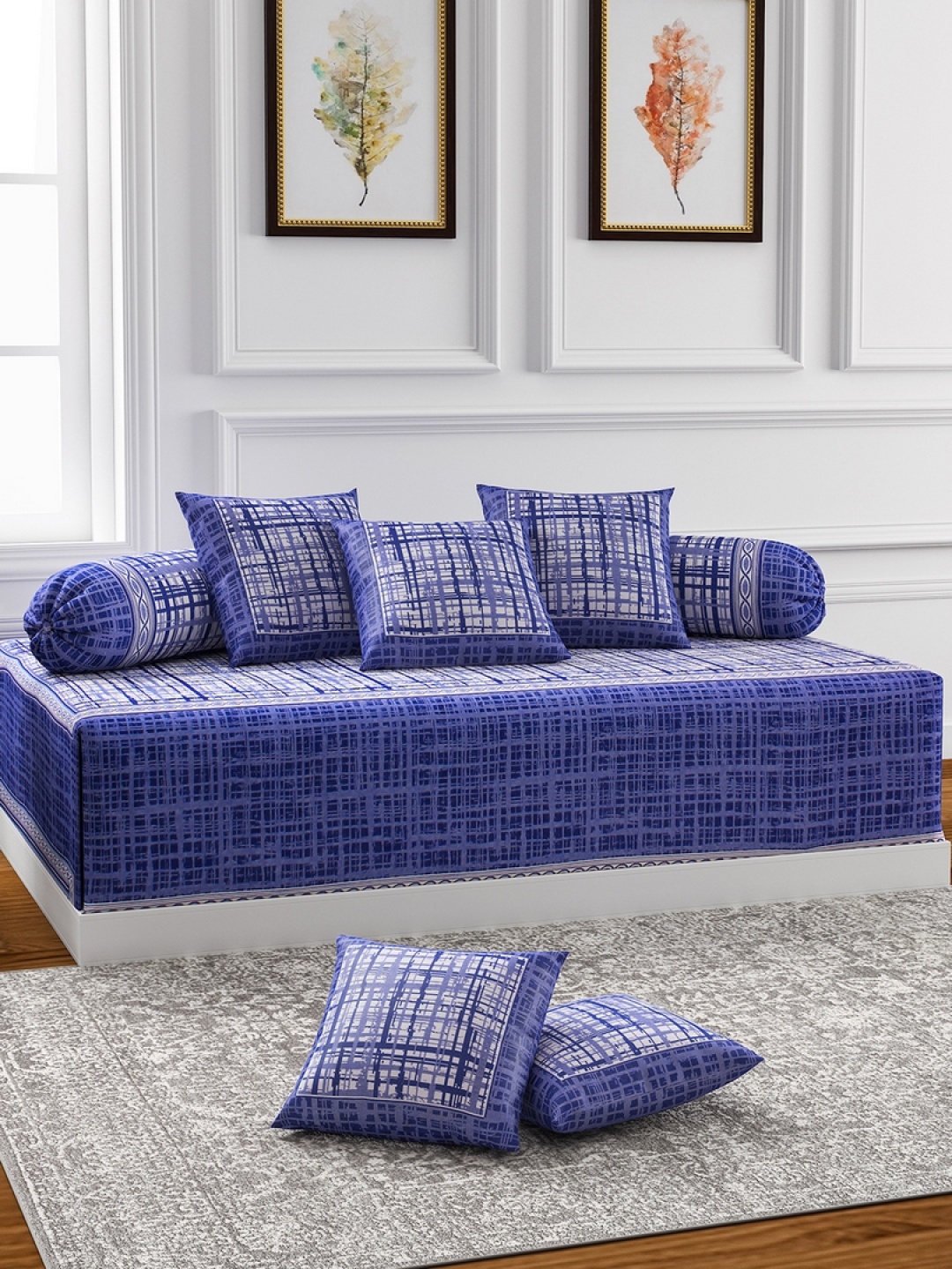 

ROMEE 8-Pcs Blue & White Checked Printed Diwan Set