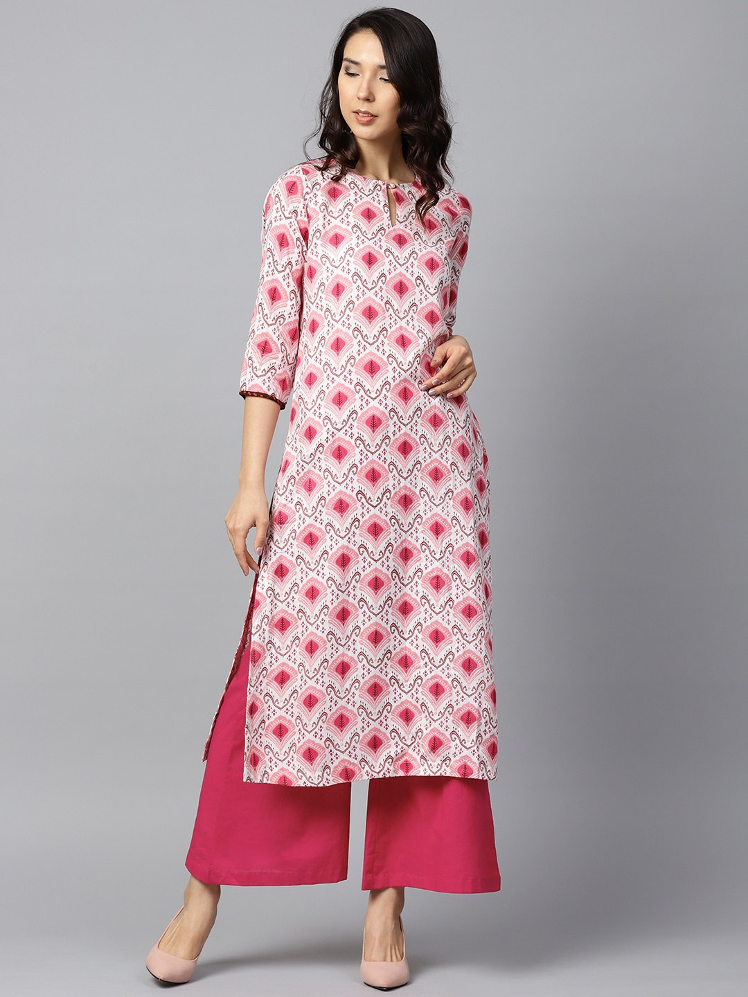 

Nayo Women White & Pink Printed Kurta with Palazzos