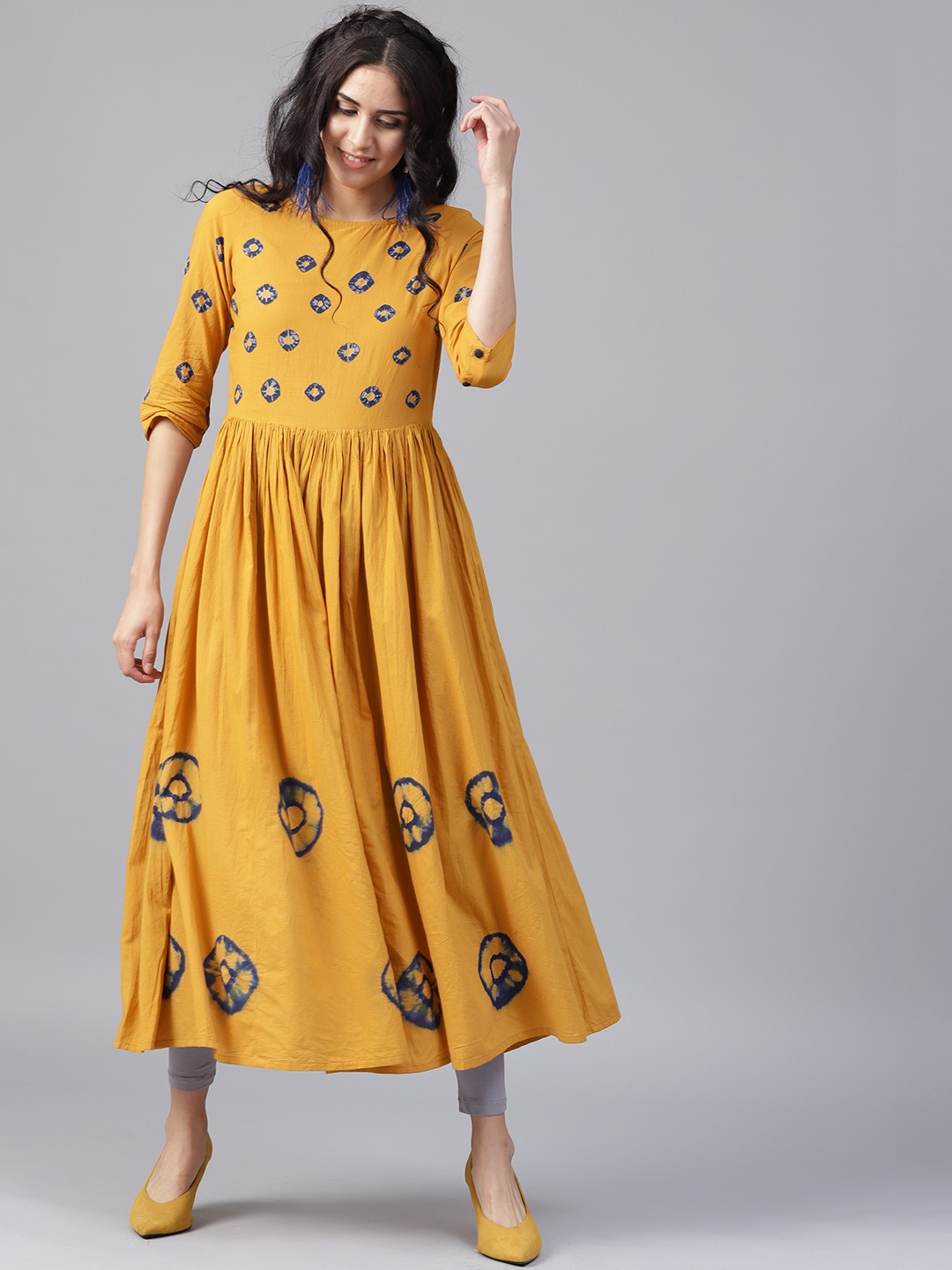 

Nayo Women Mustard Yellow & Blue Dyed Anarkali Kurta