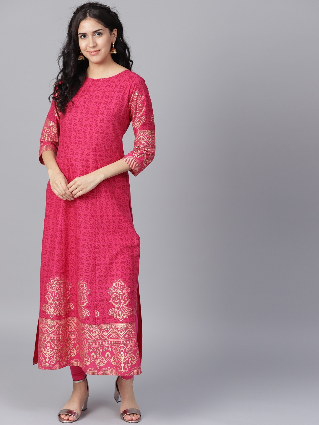 

Nayo Women Pink & Golden Printed A-Line Kurta