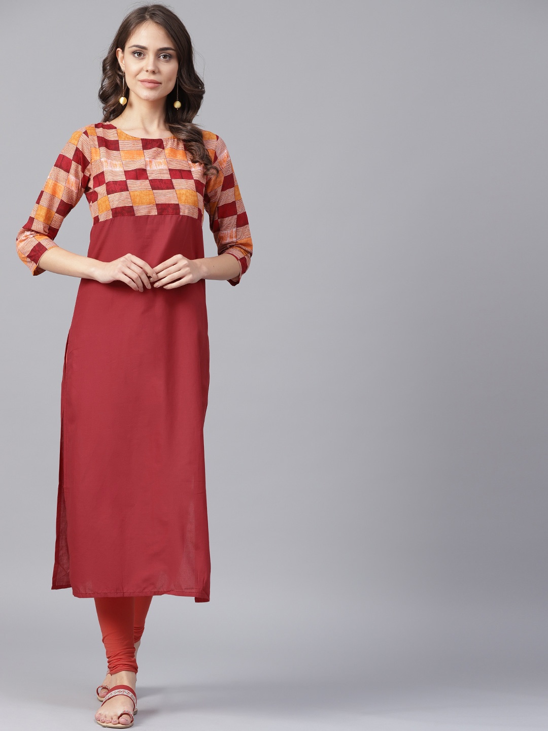 

Nayo Women Maroon Yoke Design Straight Kurta