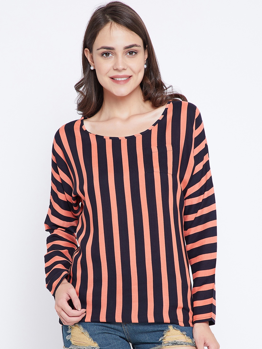 

Zastraa Women Orange & Navy Blue Striped Top