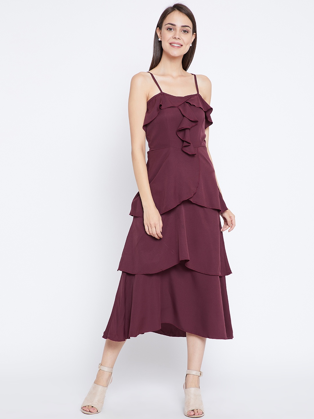 

Zastraa Women Burgundy Solid Fit and Flare Dress