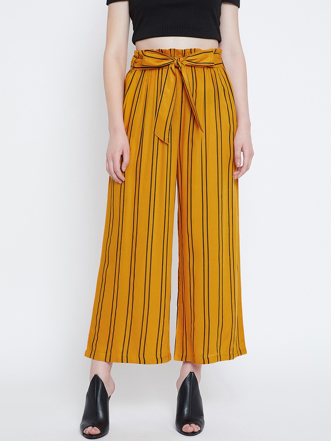 

Zastraa Mustard Frilled High Waist Striped Palazzos