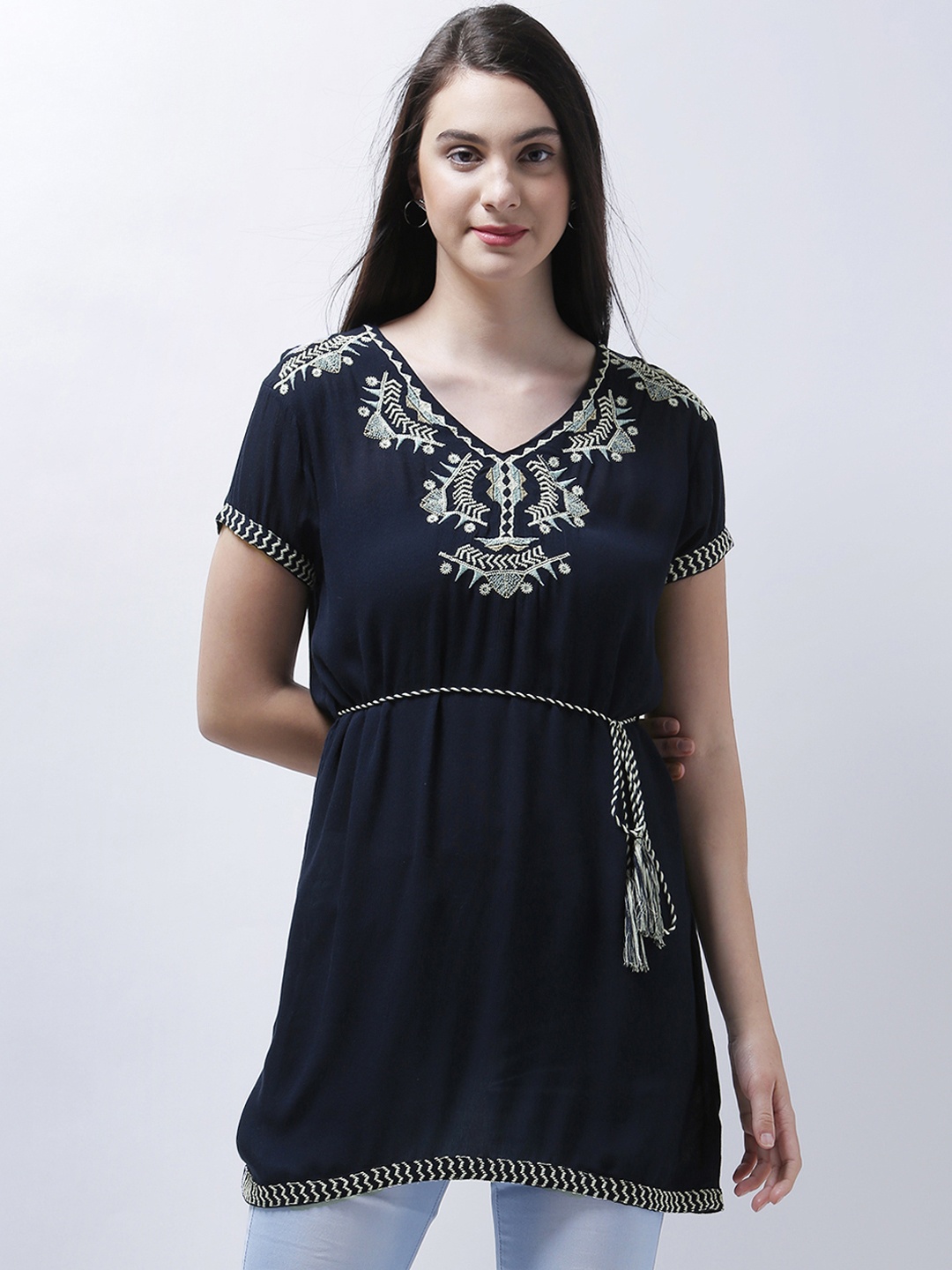 

Zastraa Blue Embroidered Tunic