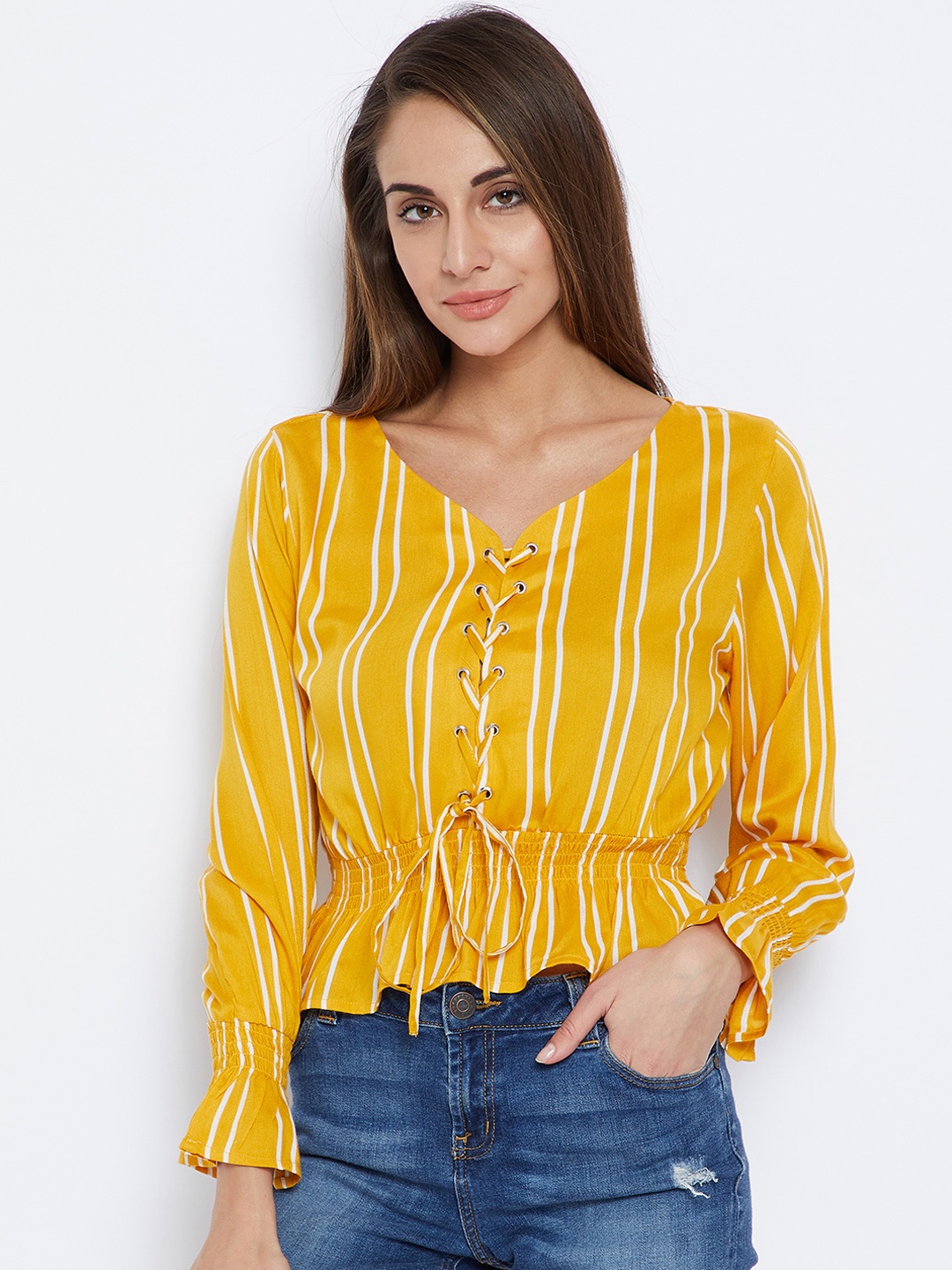 

Zastraa Women Mustard Striped Cinched Waist Top