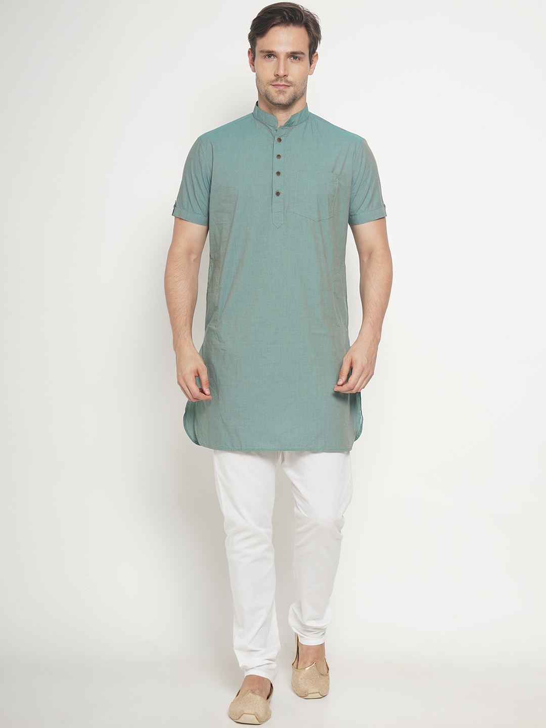 

Freehand Men Green & White Self Design Kurta with Pyjamas