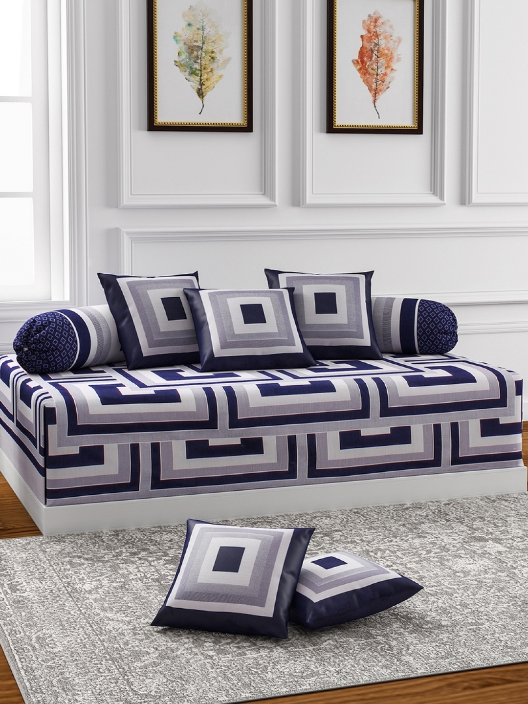 

ROMEE 8-Pcs White & Navy Blue Geometric Printed Diwan Set