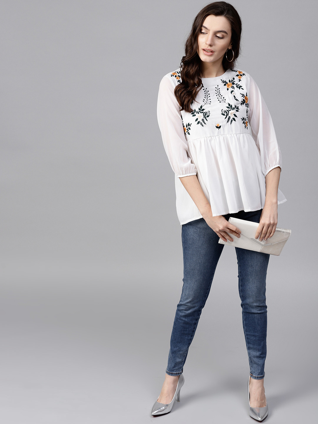 

Pannkh Women White Embroidered A-Line Top