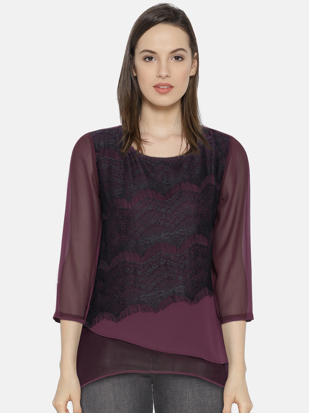 

Wills Lifestyle Women Burgundy Lace Inserts Layered Top