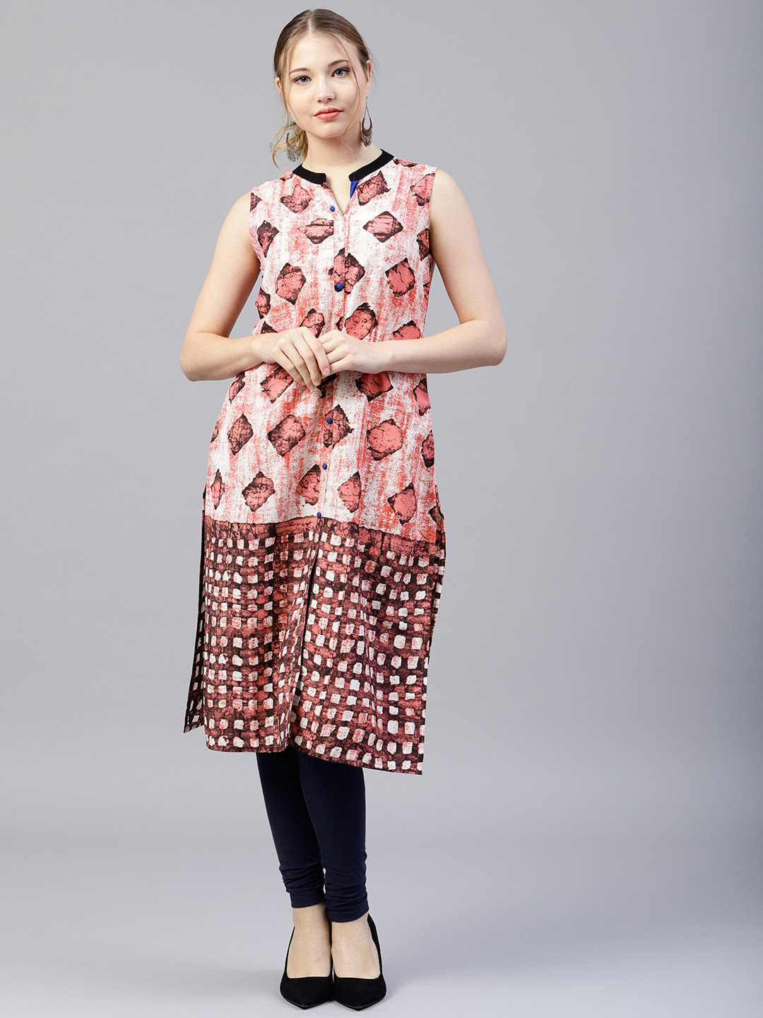 

Shree Women Coral Pink & Off-White Printed Straight Kurta