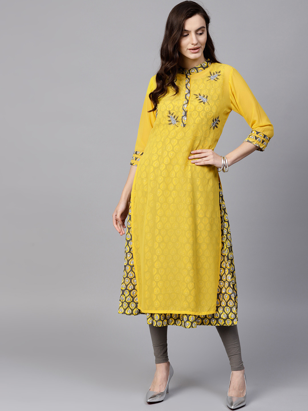 

Pannkh Women Yellow & Grey Printed Layered A-Line Kurta
