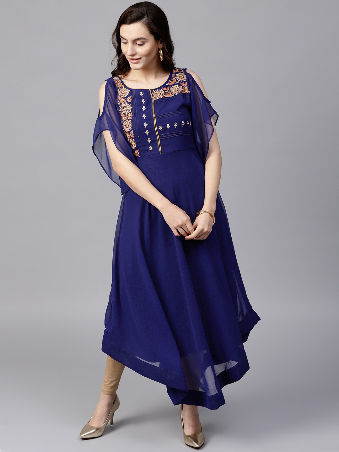 

Pannkh Women Navy Blue Yoke Design A-Line Kurta