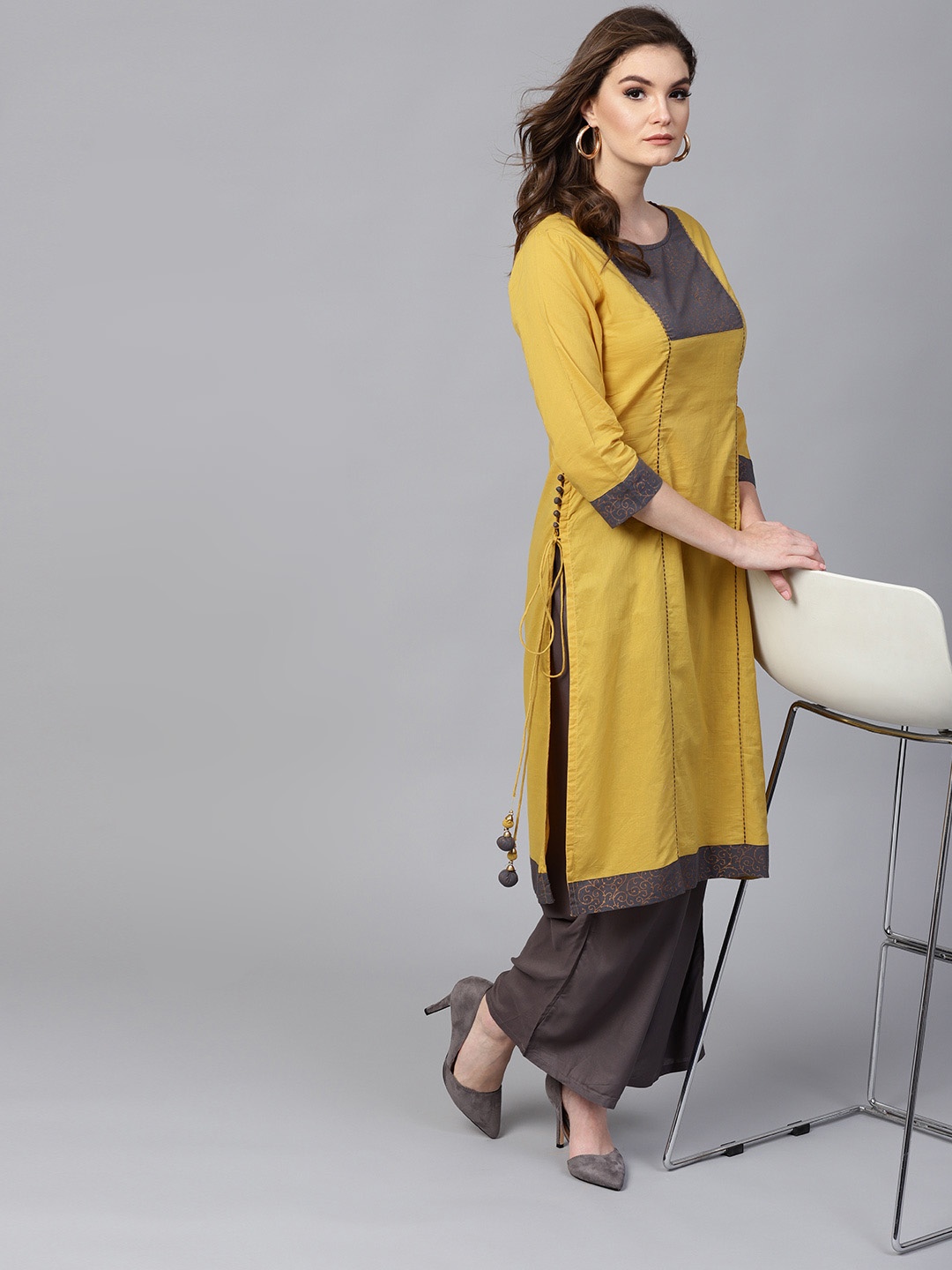 

Pannkh Women Mustard Yellow Yoke Design Straight Kurta