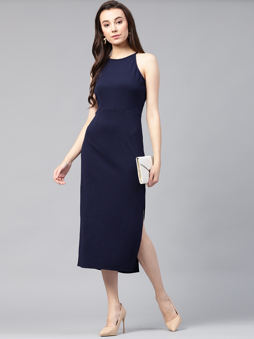 

Zima Leto Women Navy Blue Solid Midi Sheath Dress