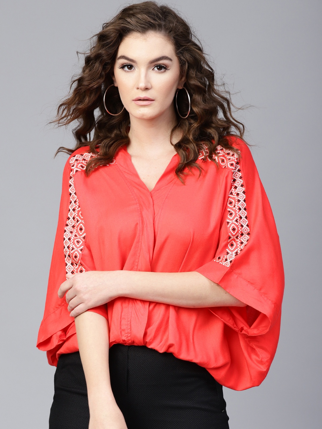 

Zima Leto Women Coral Red Solid Blouson Top