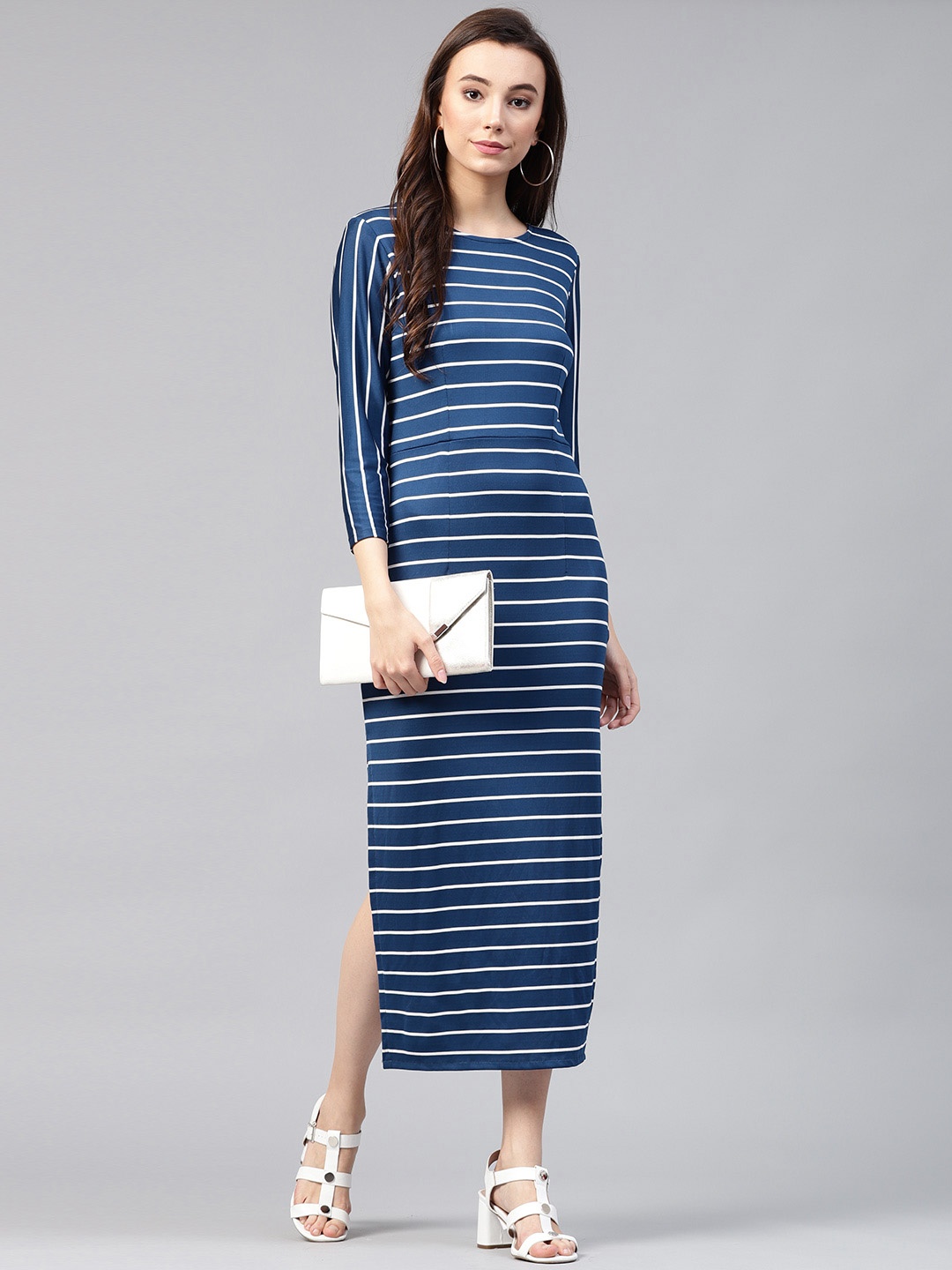 

Zima Leto Women Blue & White Striped Maxi Dress