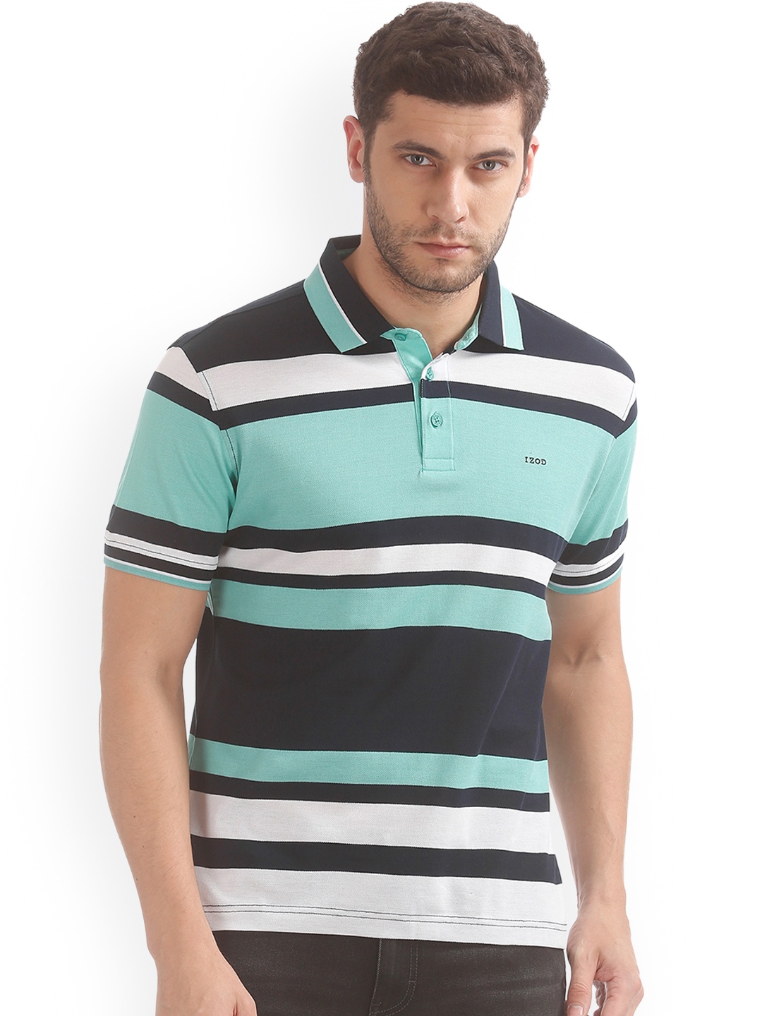 

IZOD Men Green Striped Polo Collar T-shirt