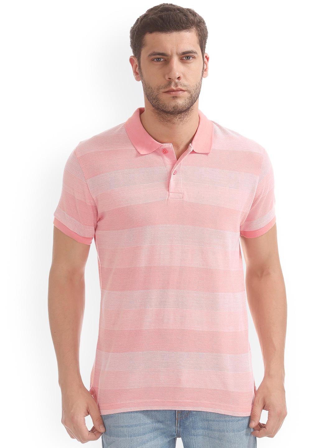 

IZOD Men Pink Striped Polo Collar T-shirt