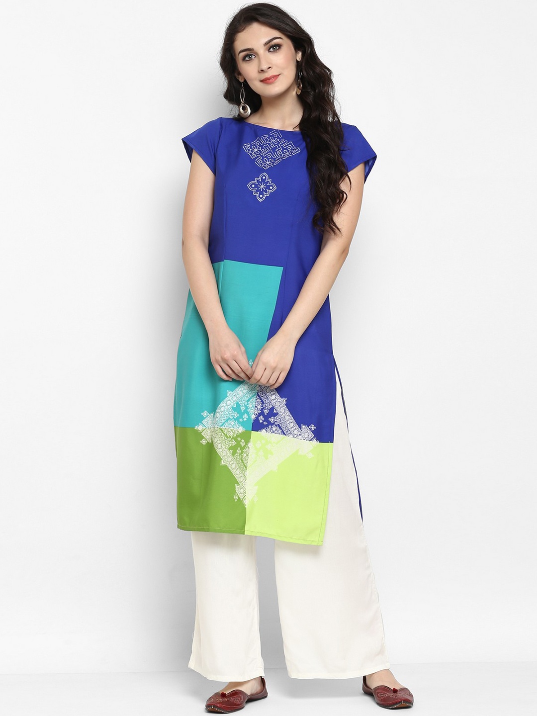 

Pannkh Women Blue & Green Printed Straight Kurta