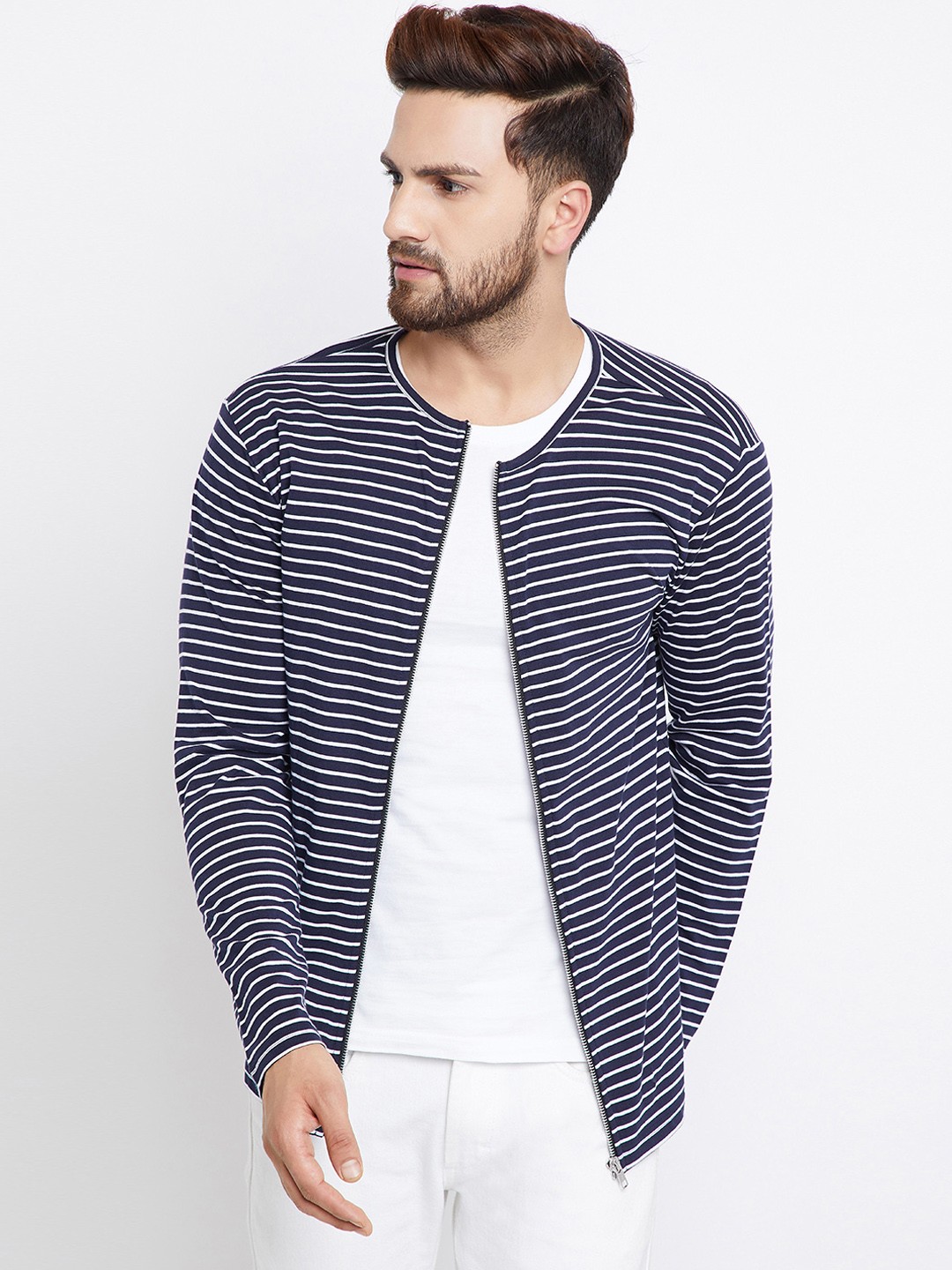 

CHILL WINSTON Men White Striped Open Front Jacket