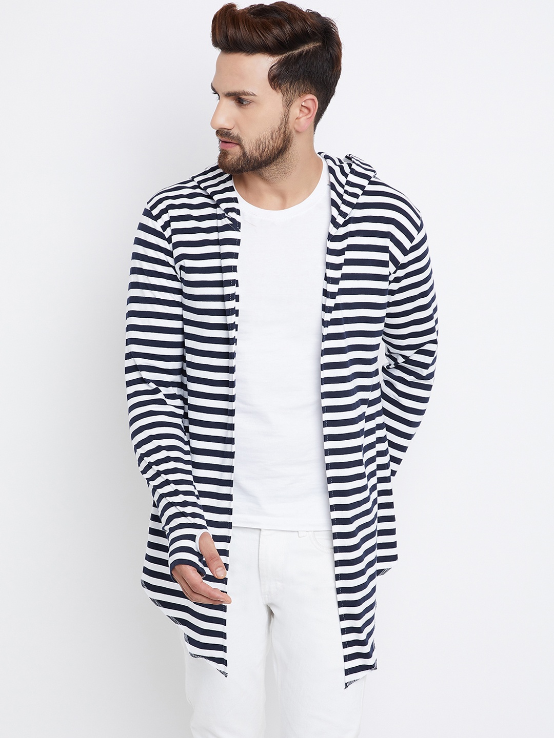 

CHILL WINSTON Men Navy Blue & White Striped Open Front Shrug