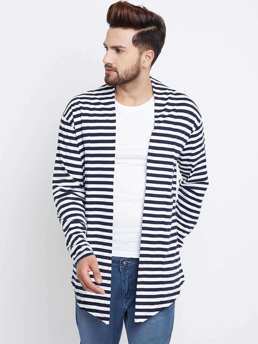 

CHILL WINSTON Men Navy Blue & White Striped Open Front Shrug