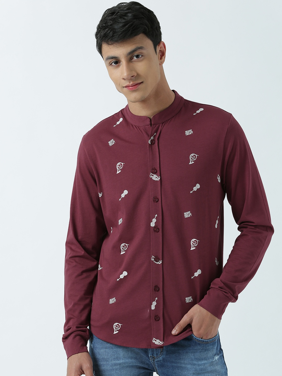 

Huetrap Men Burgundy Regular Fit Printed Casual Shirt
