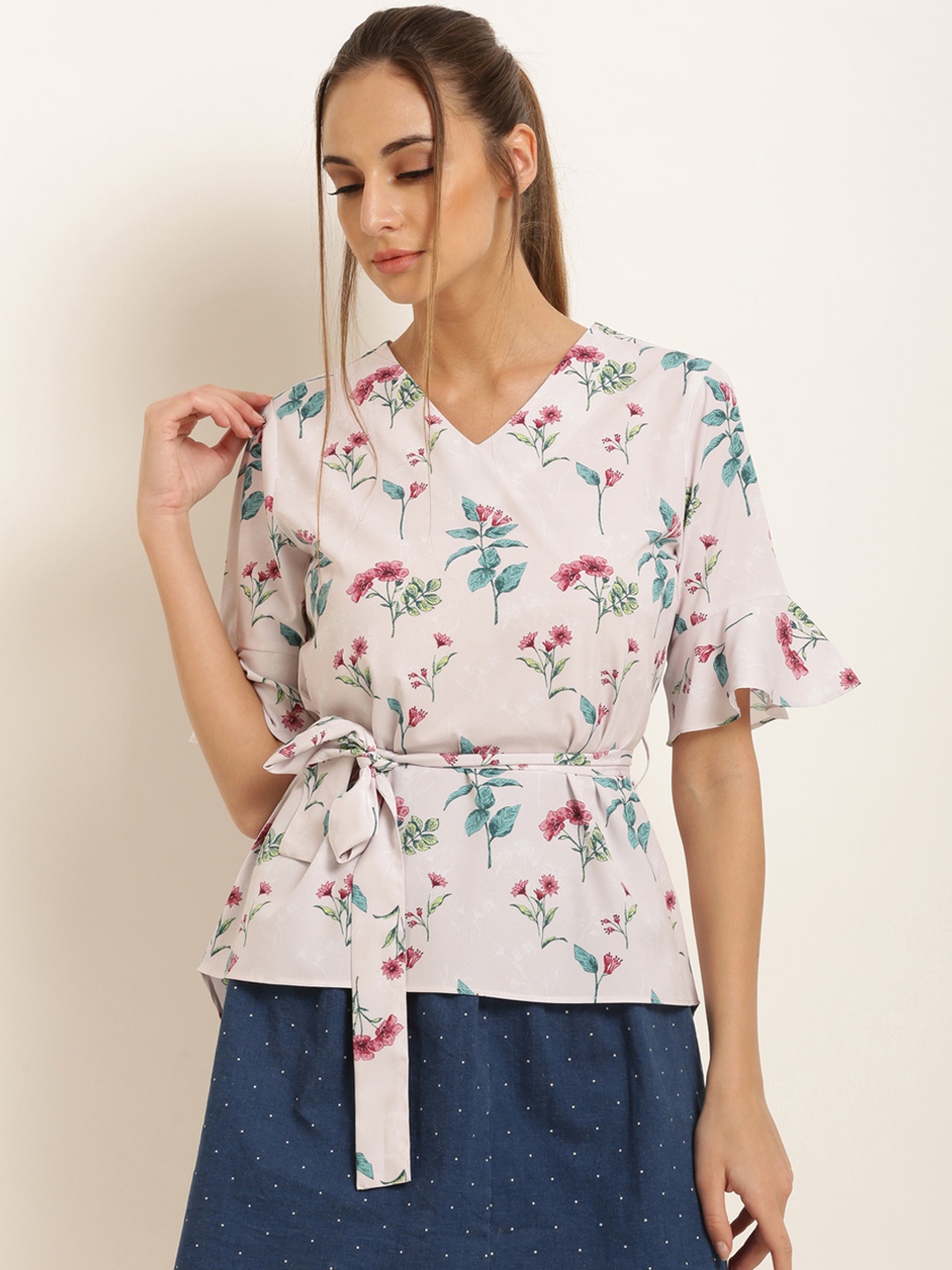 

Marie Claire Women Peach-Coloured Printed Cinched Waist Top