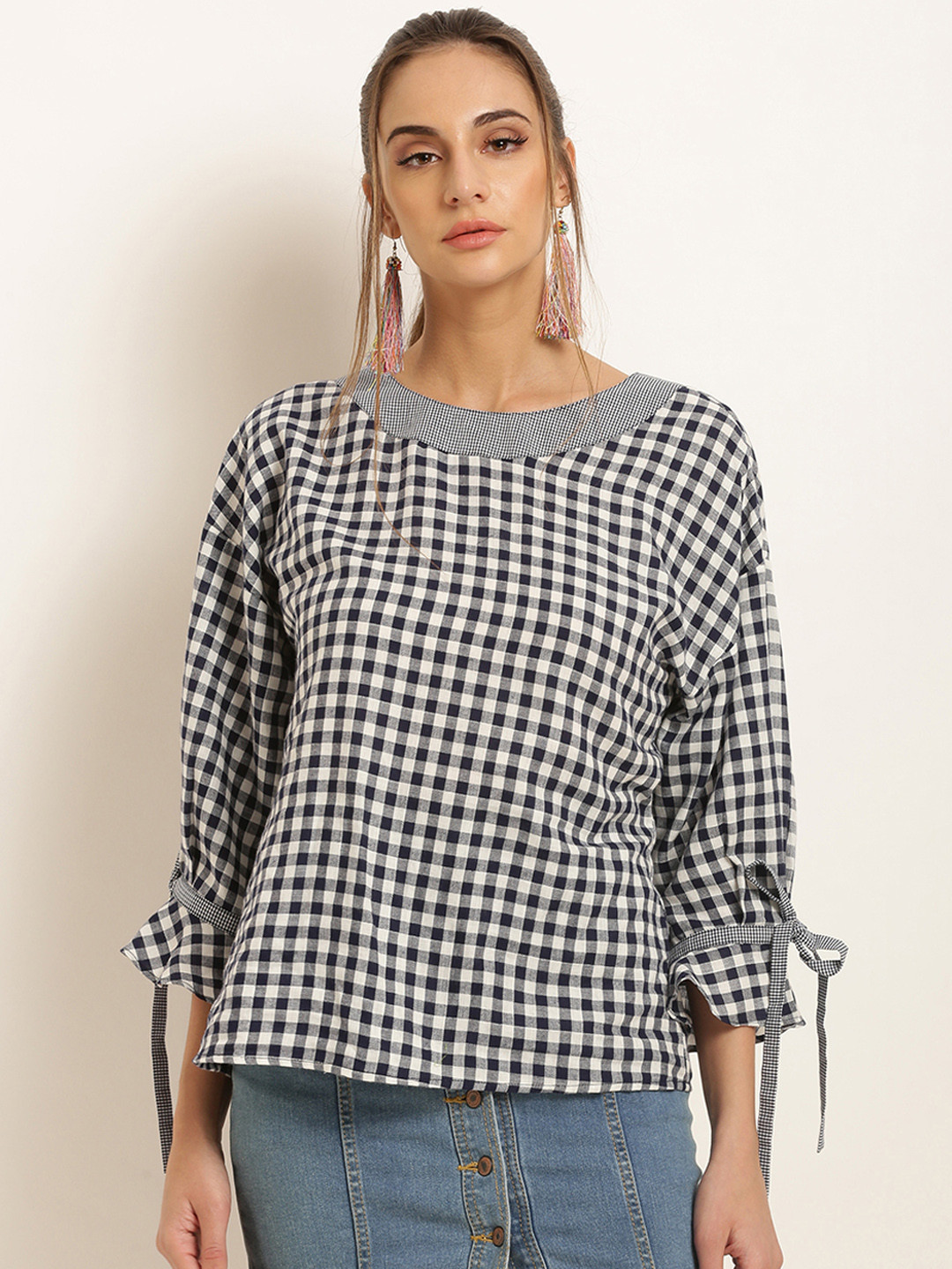 

Marie Claire Women Navy Blue Checked Pure Cotton Top