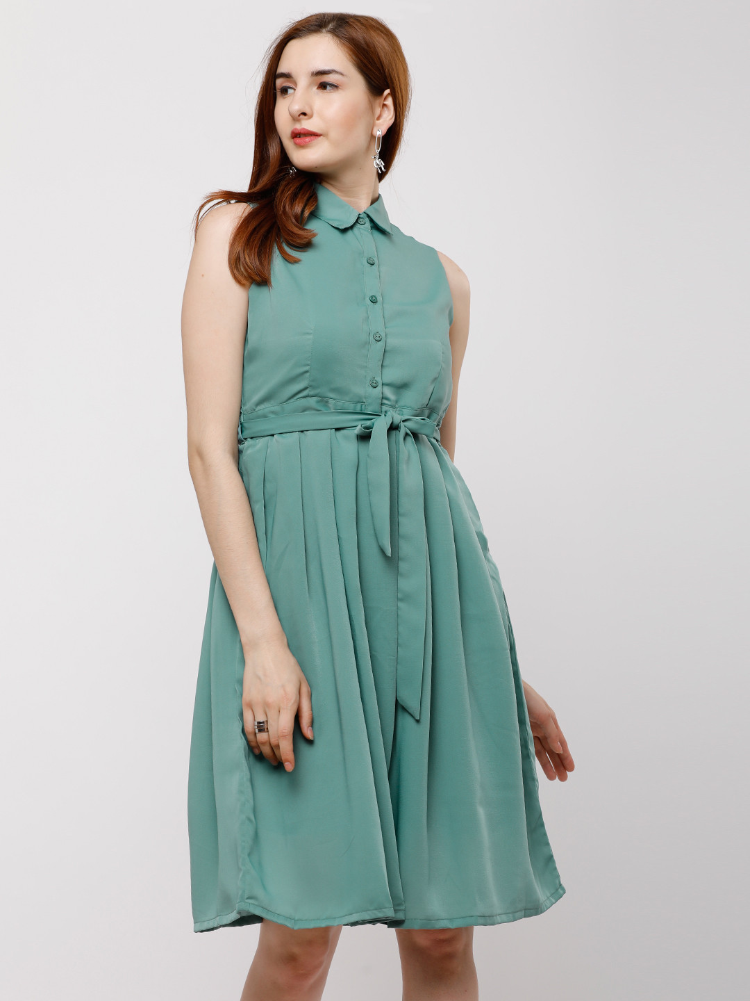 

Tokyo Talkies Women Sea Green Solid Fit and Flare Dress
