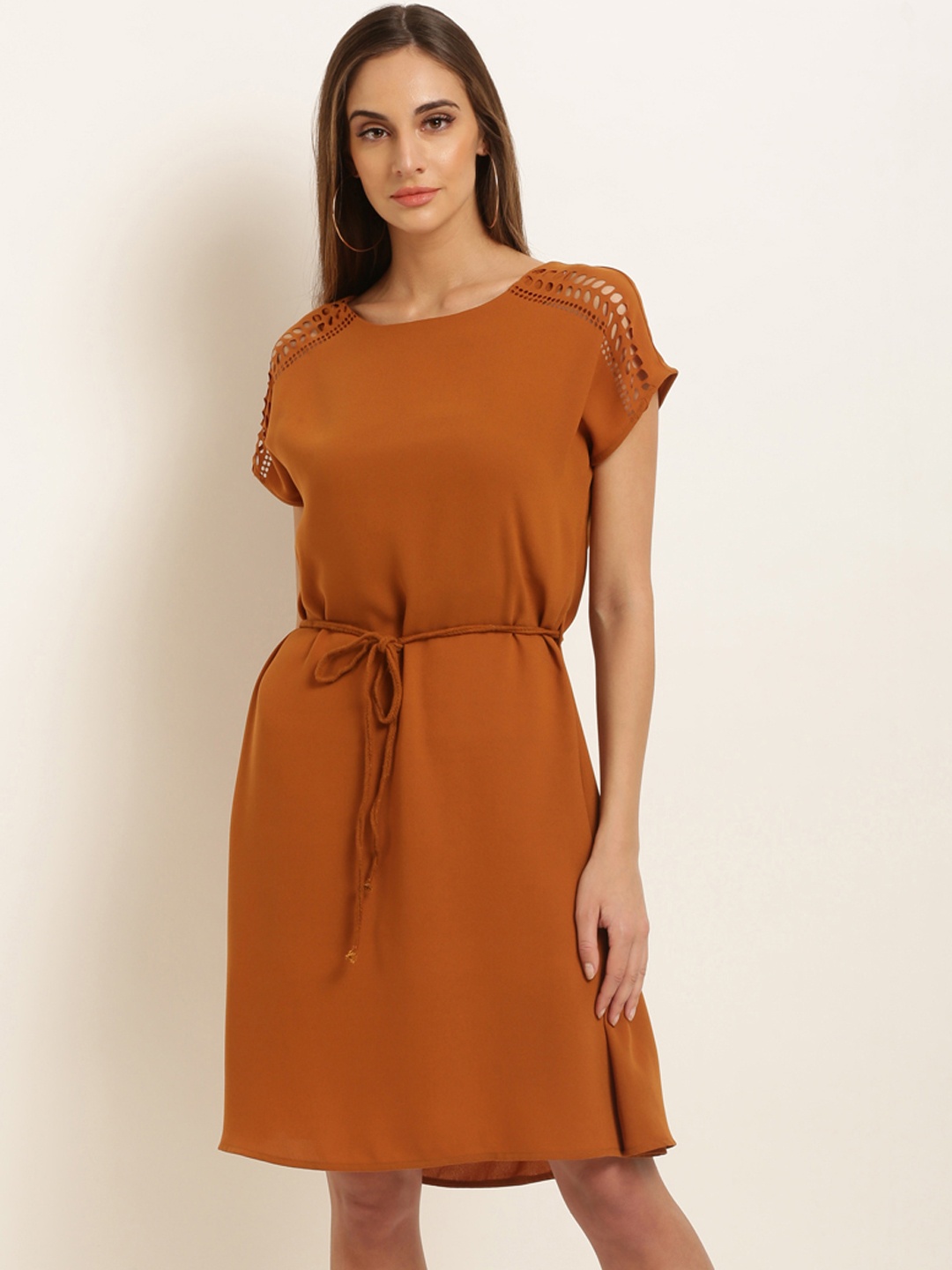 

RARE Women Rust Brown Solid Fit and Flare Dress